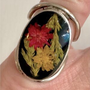 Vtg Sterling Silver Boho Terrarium pressed flower ring.Hand crafted.Size 6